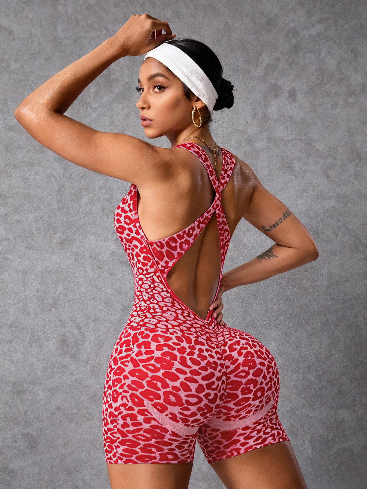 Women Seamless Leopard Print Jacquard Yoga Onesie Cross Back Butt Lifting High Stretch Fitness Workout Athletic Bodysuit Shorts