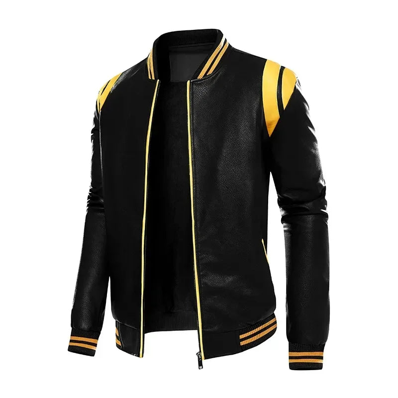 Motorcycle Men Leather Jacket Patchwork Biker Coat Motorcycle Jackets Mens Winter Casual Fleece Warm Coats Stripe Loose Outwear
