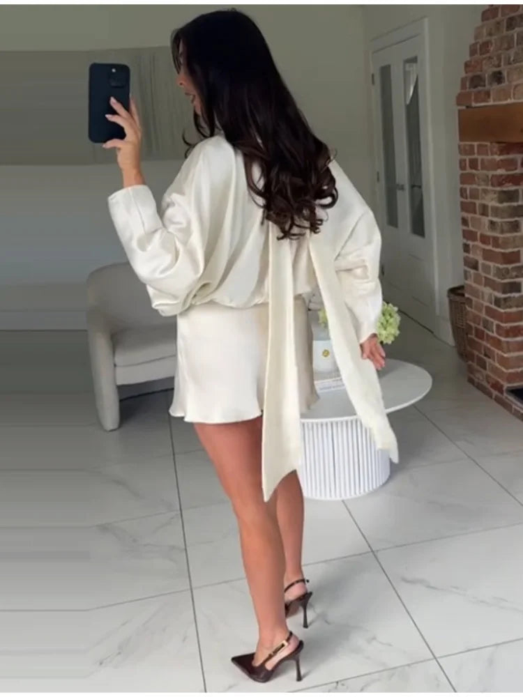Elegant Satin Mini Dress For Women Fashion Scarf Collar Batwing Sleeve Waist Dress Lady 2025 Autumn Chic Party Evening Vestidos