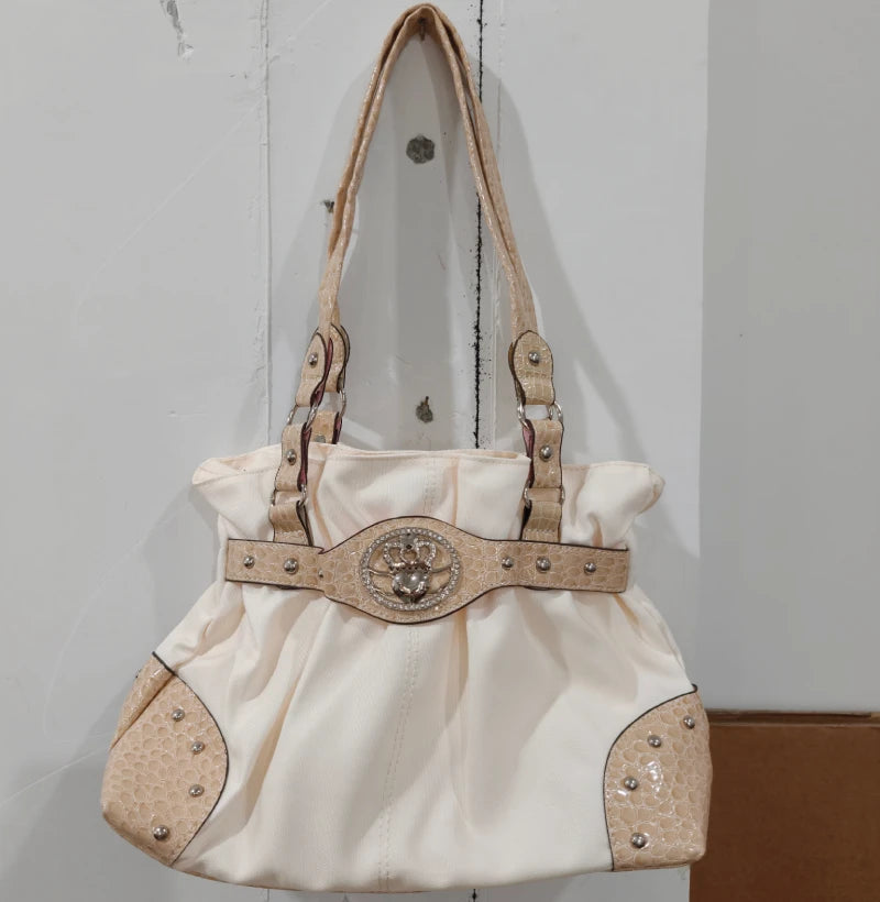 Luxury Women Rivet Handbag,Y2k Girls Metal Studded Underarm Shoulder Bag,Niche Belt Buckle Commuter Chic East-West Tote Bag
