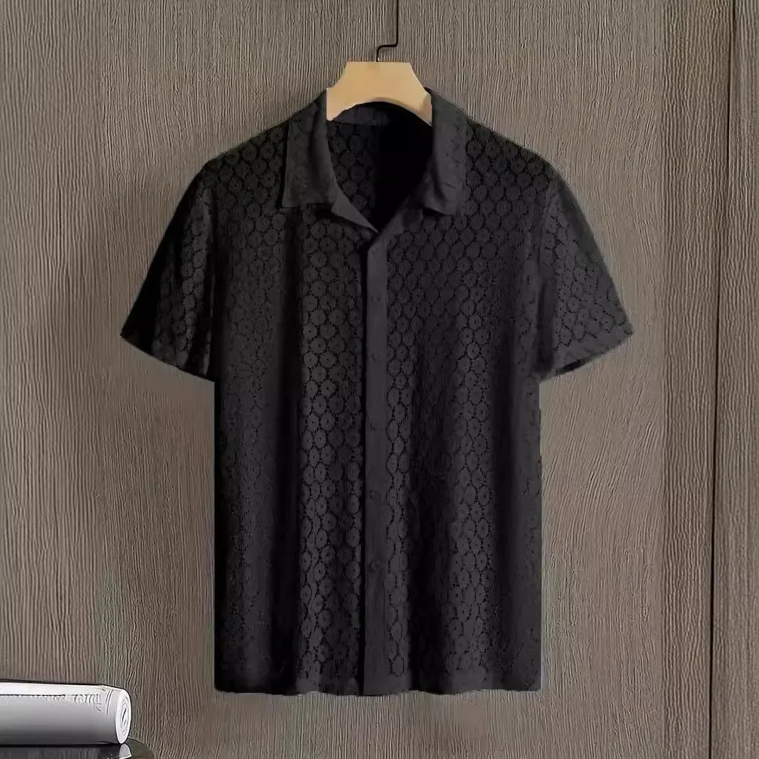 Men's short sleeve lace shirt, sheer mesh, button-down shirt, vintage streetwear, party wear, sexy, new, summer, 2024