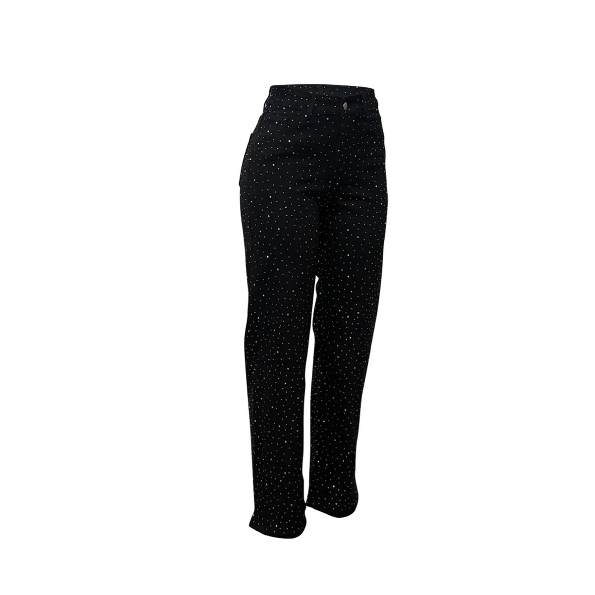 Women's Outfit Featuring Diamond-studded Washed Denim Pants Women's High-waisted Straight-leg Pants, and "hot Girl" Style Pants.