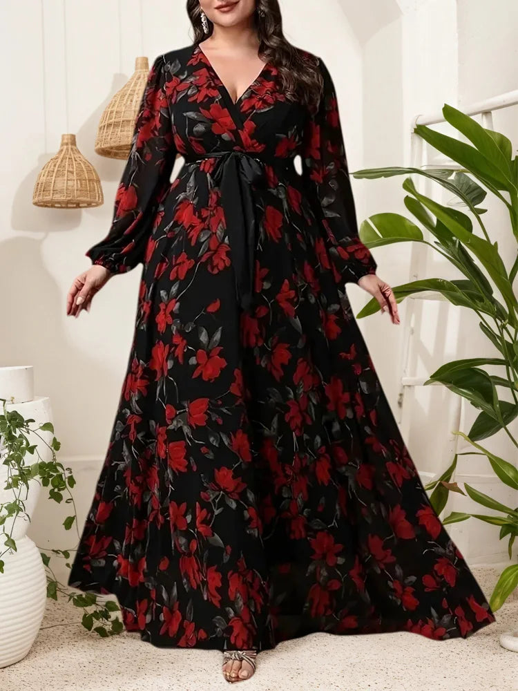 GIBSIE Plus Size Floral Print V-Neck Belted Dress Women Spring and Autumn Bohemian Vacation Long Sleeve Elegant Maxi Dresses