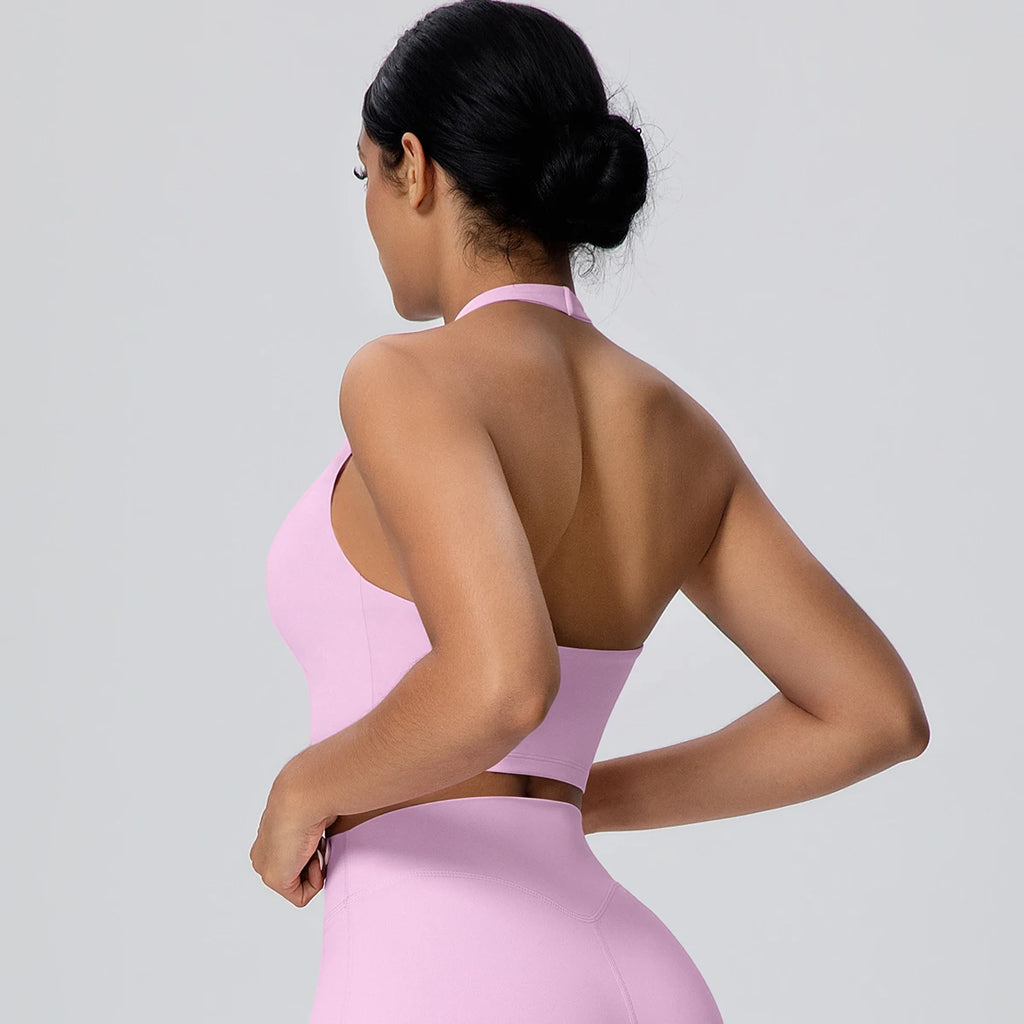 Woman Solid Color Sexy Neck Strap Bra Yoga Underwear With Chest Pad Backless Gather Shockproof Gym Workout Top Sports Yoga Bra