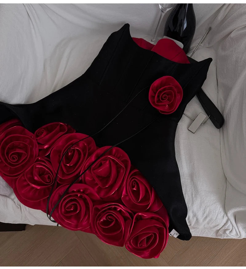 Women's Sweet Slash Neck Sleeveless Slim Waist Short Mini Dress French Retro 3D Rose Birthday Dress Spicy Girl Floral Bud Dress