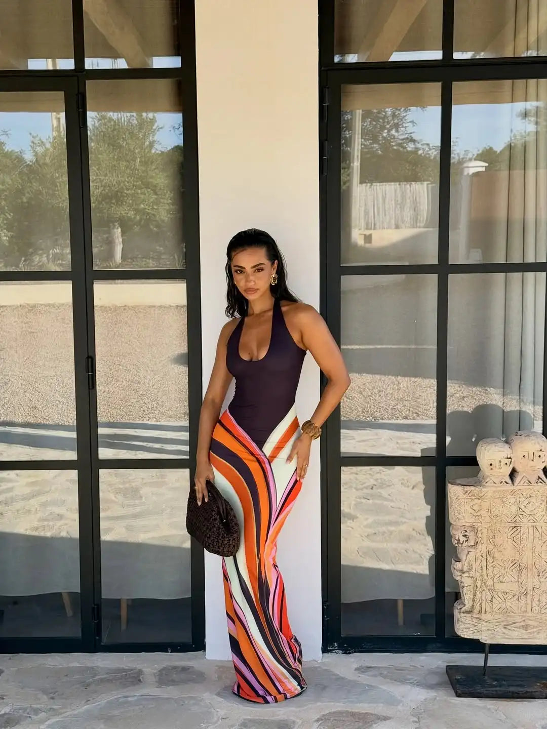Fashion Solid Striped Patchwork Halter Maxi Dress Women's Sexy U-neck Waist-cinching Dresses 2026 Summer Party Holiday Vestidos