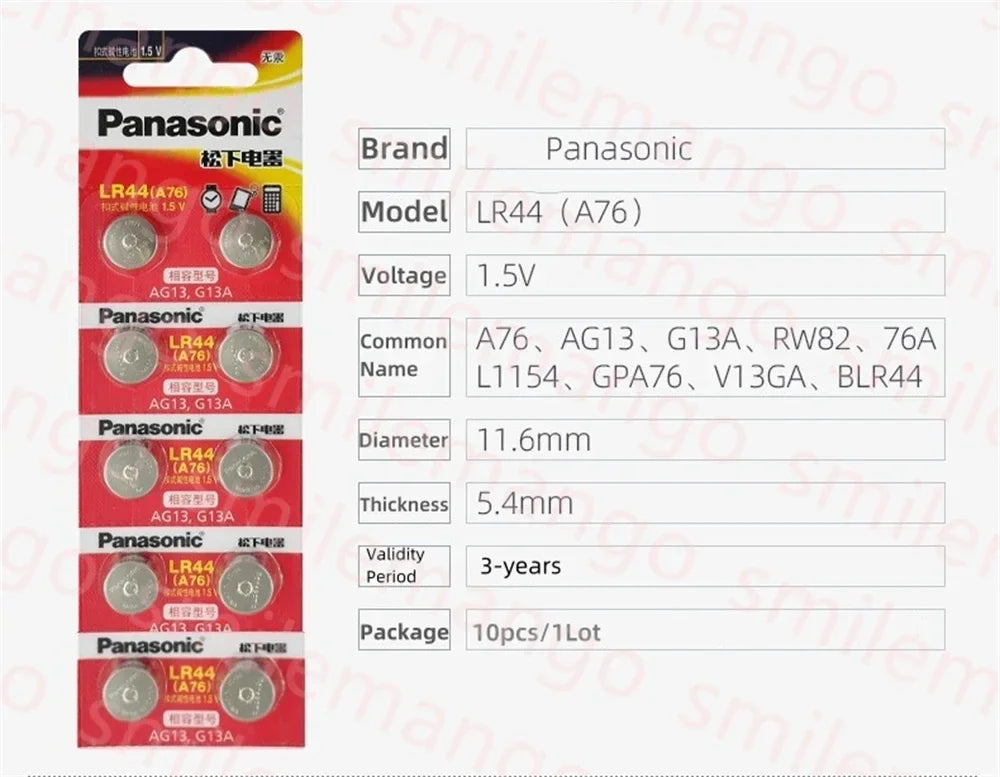 Original Panasonic 1.5V LR44 AG13 175mAh Button Cell Battery 357 SR44 LR1154 Button Batteries For Watch Calculator Coin Cell Toy