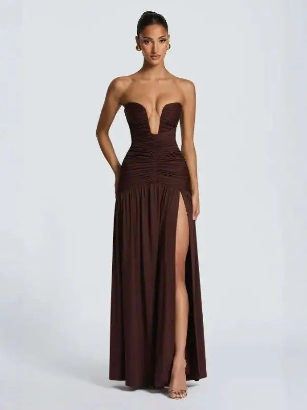 Women's Strapless Pleated High Slit Long Skirt Sexy Pure Color mid Waist Polyester Fiber V-neck Sleeveless Slim Fit Dress