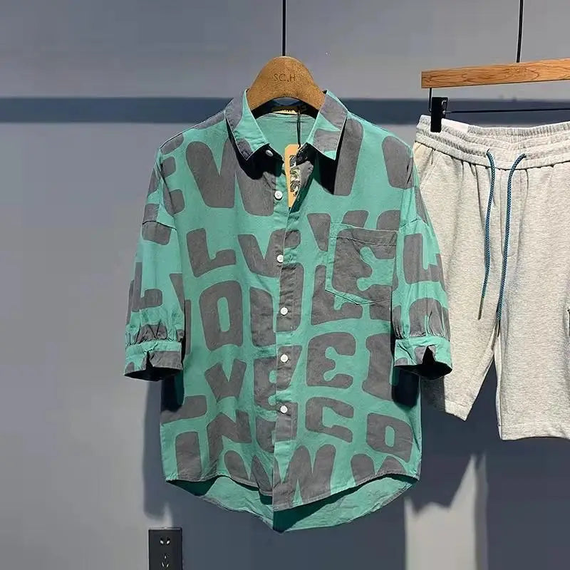 2024 Summer Trendy Men's Fashionable Lapel Full Body Letter Print High-end Versatile Casual Loose Oversized Short Sleeved Shirt
