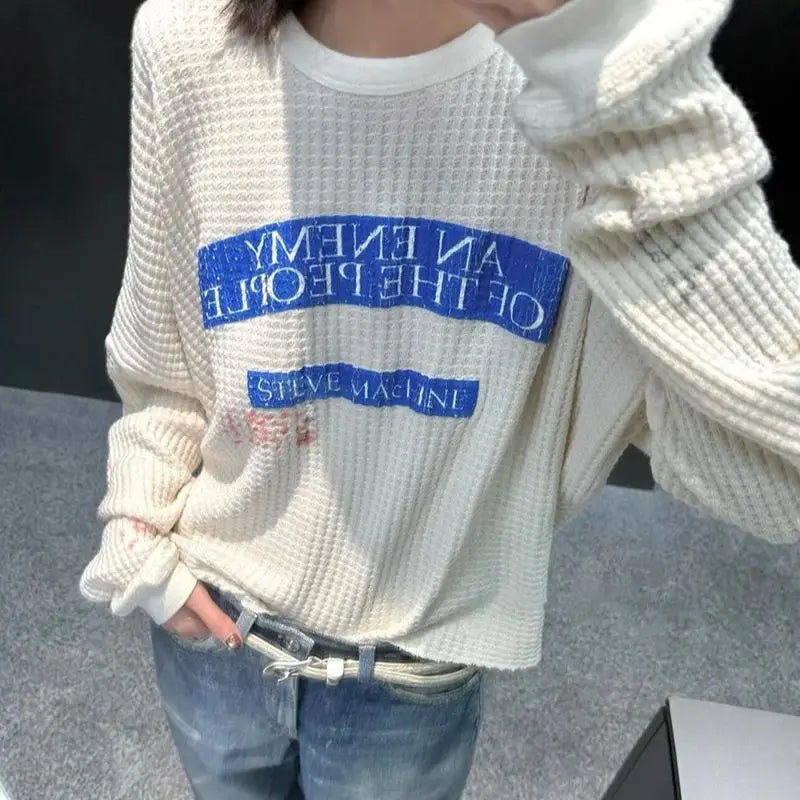 Streetwear Paly Waffle Long Sleeve T Shirt Men Woman High Quality Loose Casual Fashion All-match Crewneck New Top