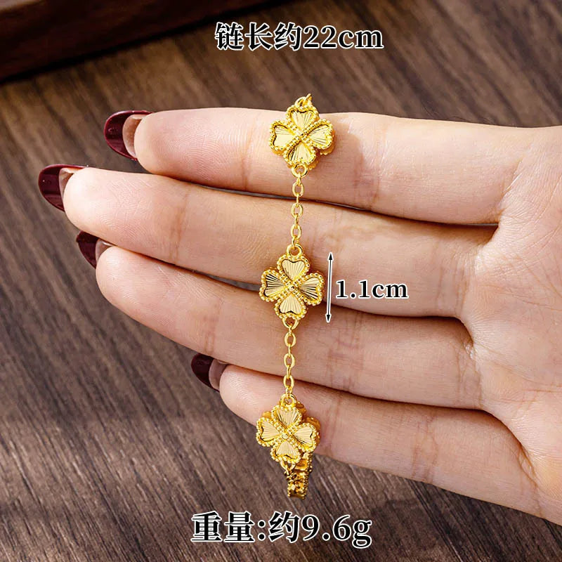 Luxury 24K 9999 Pure Gold real gold Women's Simple Style Lucky Grass Bracelet Flower Necklace Earrings Set