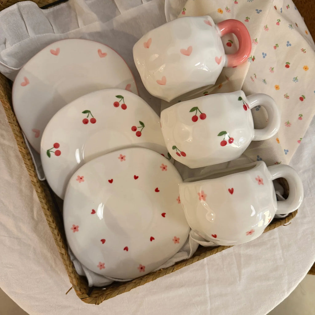 ins style retro flower ceramic cups and saucers, hand-squeezed irregular coffee cups and saucers, afternoon tea cups and saucers