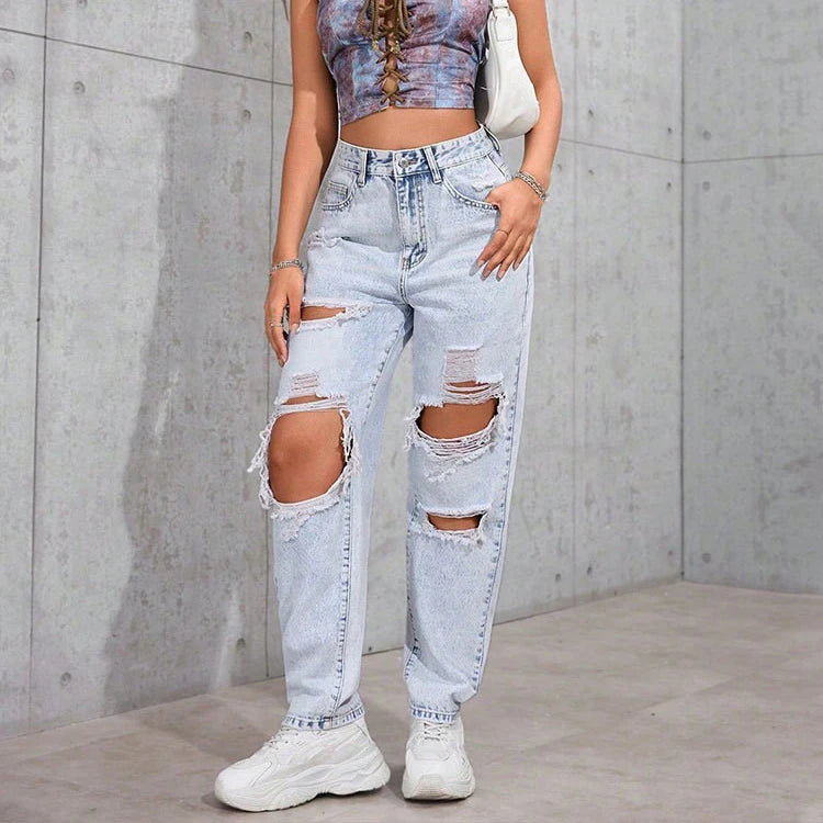 Women's Distressed Straight Leg Jeans Ripped Hole Denim Pants Casual Loose High Waist Street Style Trousers