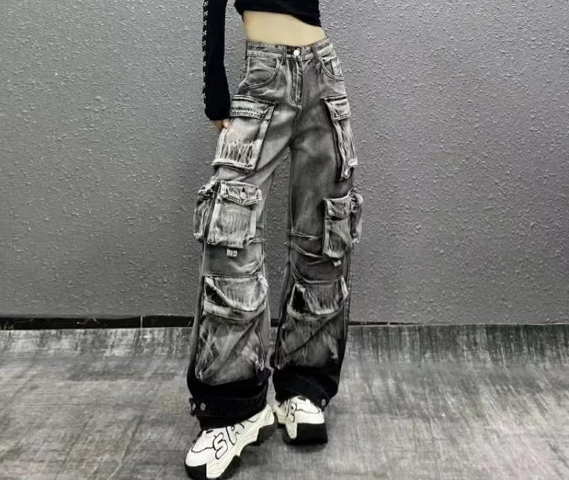 Jeans Women Denim Distressed Multi Pocket Y2k Streetwear Cargo Pants Casual High Waist Zipper Fly Winter Gradient Mom Jeans