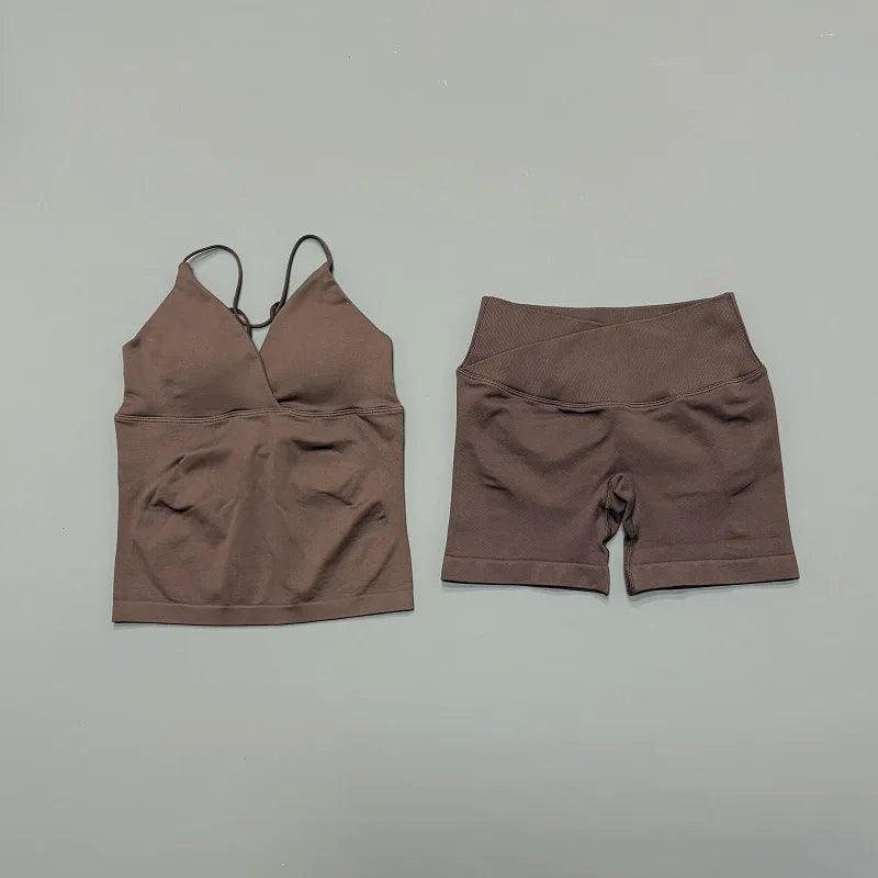 2Pcs Workout Shorts Set Women Cross Waist Scrunch Butt Shorts Tummy Control Racerback Tank Top Running Fitness Two Piece Suit