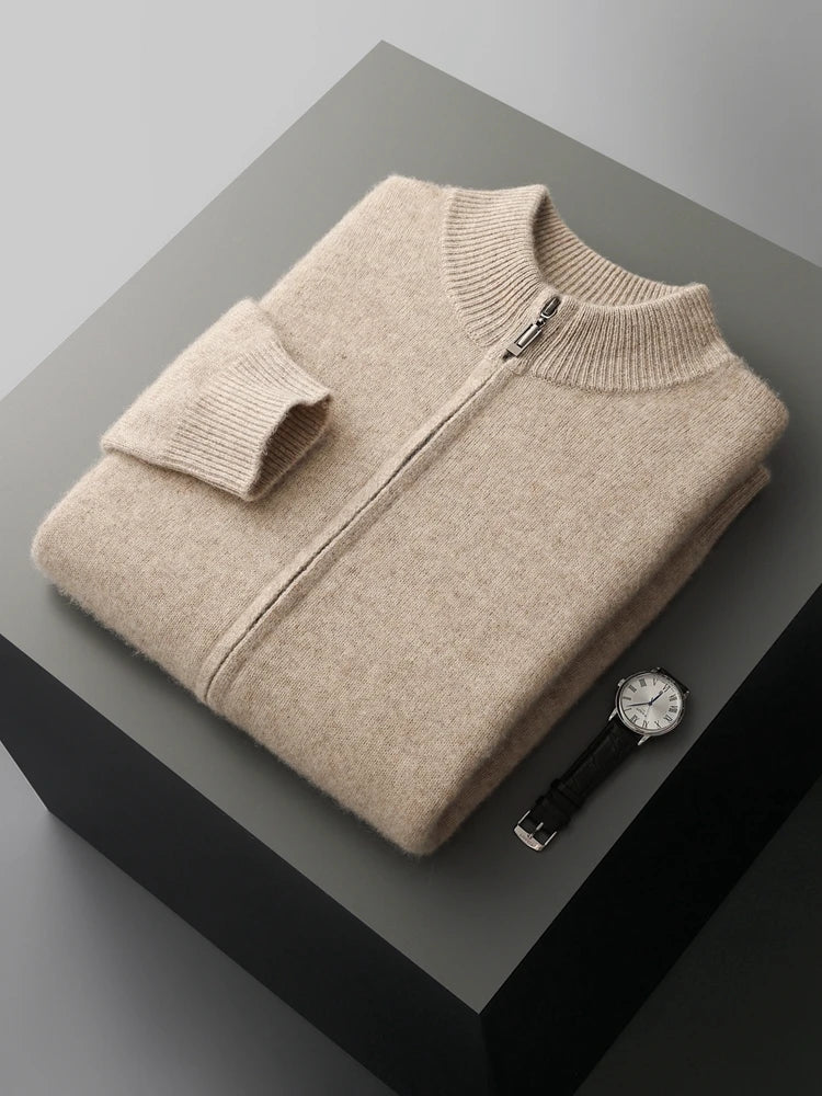 Men's 100% Merino Wool Two-piece Suit Autumn Winter Knitting Zipper Cardigan and Straight-leg Pants Warm Thickened Clothing Sets