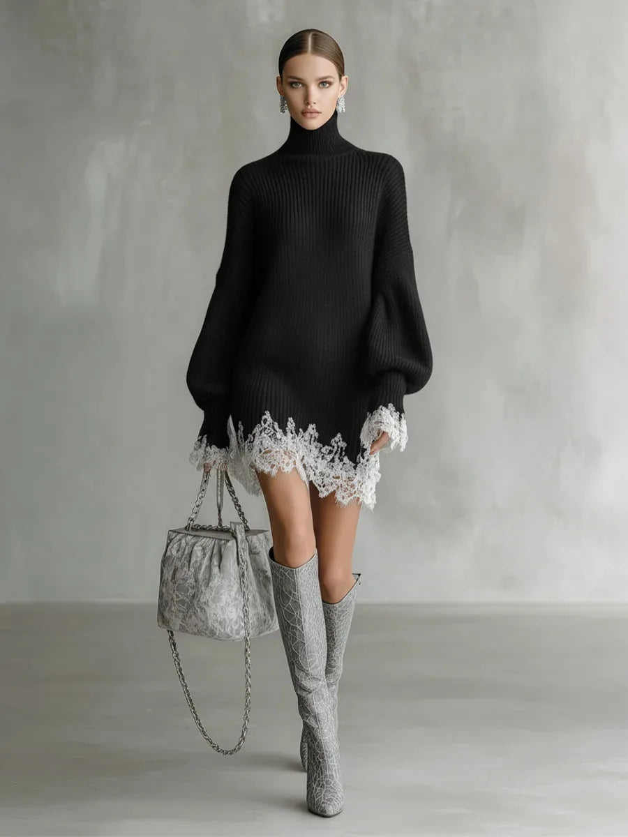 Knitted Sweater Dress For Women Autumn Winter Casual Solid High Neck Dresses Lady Fashion Lace Hem Splicing Loose Mini Vestidos