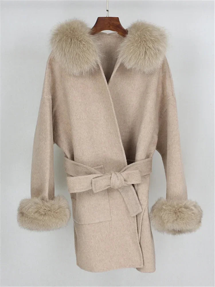 Real Fur Wool Outerwear Wool Blends Coat Natural Fox Fur Collar Hooded Cashmere Winter Jacket for Women Streetwear High Street