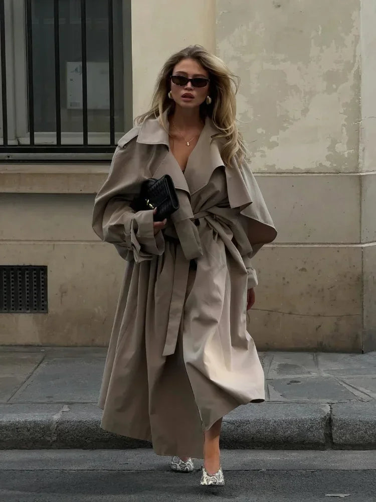 Casual Lace Up Long Trench Coat Women Chic Solid Color Full Sleeve Lapel Windbreaker 2026 Fall New Fashion Loose Commute Jackets