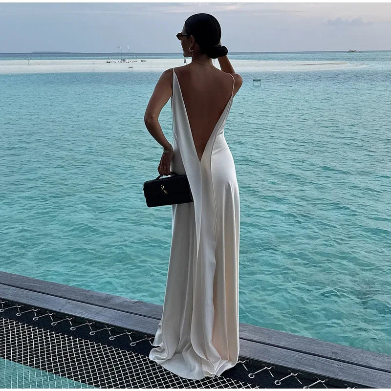 Backless Satin Long Sling Dress Women V Neck Sleeveless Slit Solid Sexy Party Dresses 2026 Summer Lady Vacation Evening Robes
