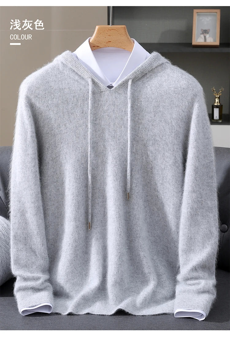 LHZSYY 100% Pure Mink Cashmere Hooded Sweater Men's Hooded Knitted Pullover Business Casual Loose Hoodie Autumn Bottoming Shirt