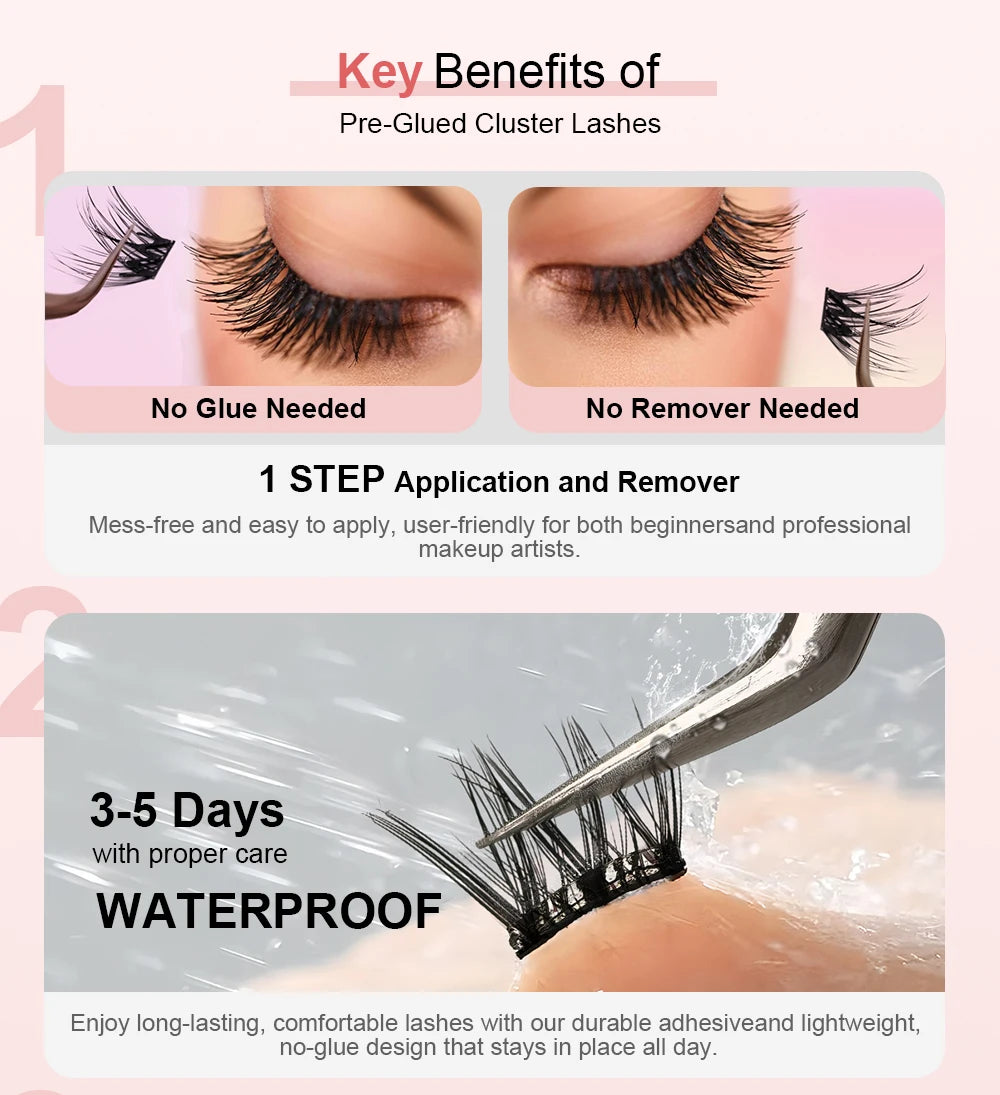 Press On Lash Clusters Self Adhesive Eyelashes Pre-Glued Cluster Lashes Self Stick Eyelash Clusters Pre-Bond DIY Lash Reusable