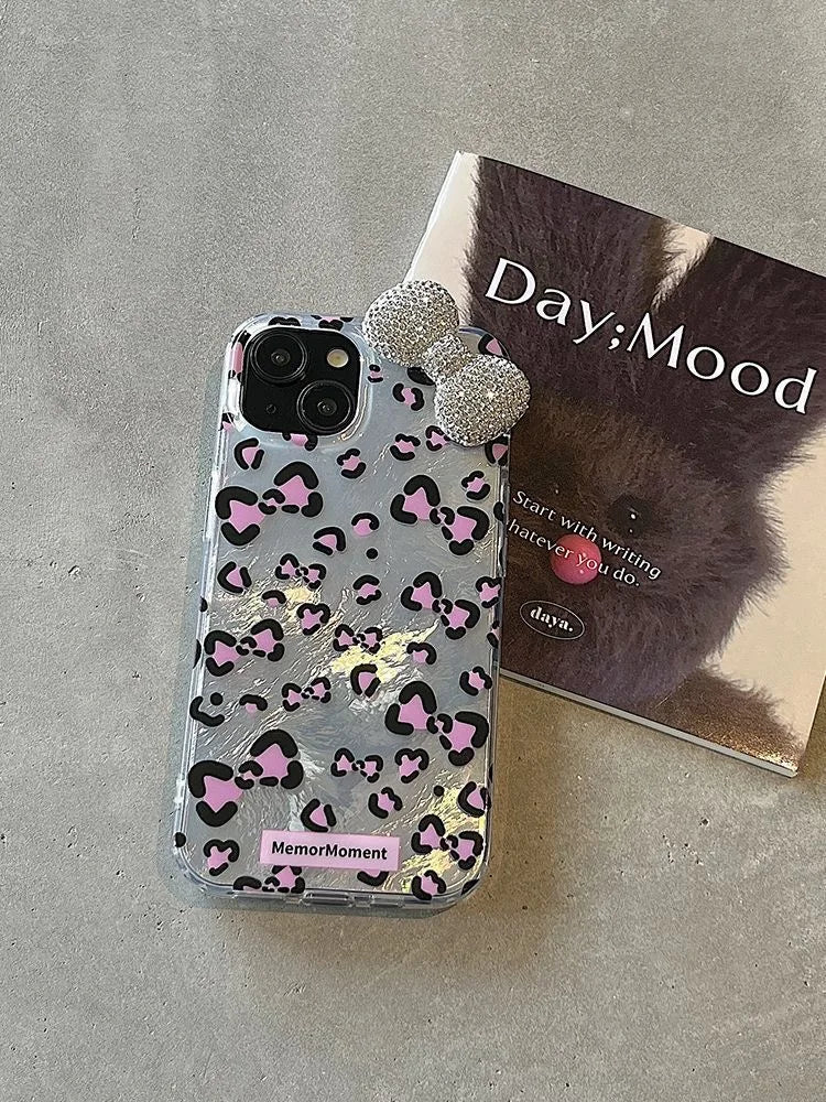Colorful Leopard Blink Diamond Bowknot Lustre Lining Phone Case for iPhone 16 15 14 Plus 13 Mini 12 Pro Max 11 7 8 SE X XS XR