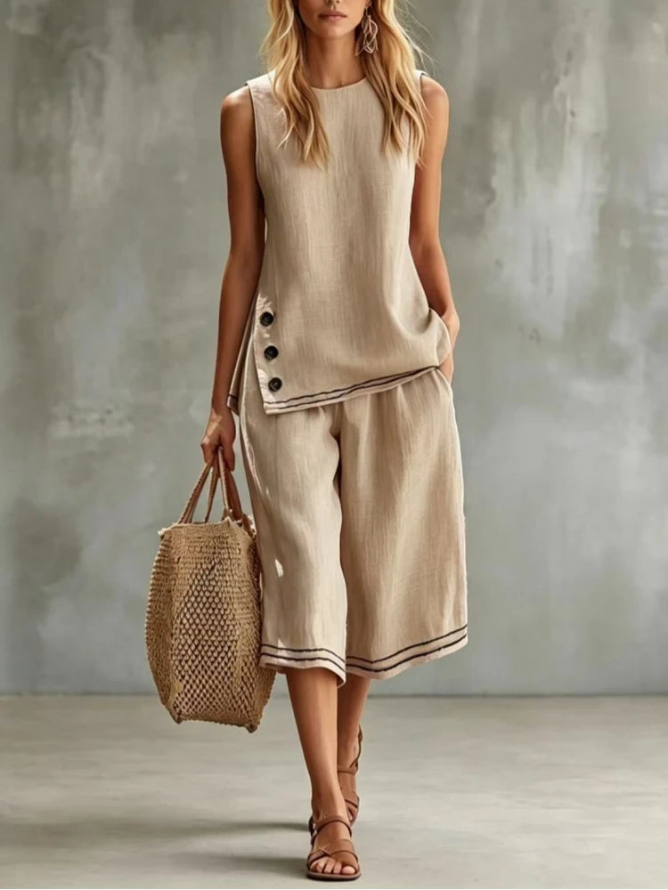 2026 New Women Two-Piece Set Cotton Linen Sleeveless Vest ＆ Capri Wide Leg Pants Suit Summer Chic 2 Piece Sets Women's Outfits