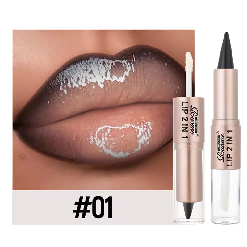 2 in 1 Dual End Matte Lip Liner Pencil & Shiny Mirror Lip Gloss Waterproof Long Lasting Lip Cosmetics for Smooth Application