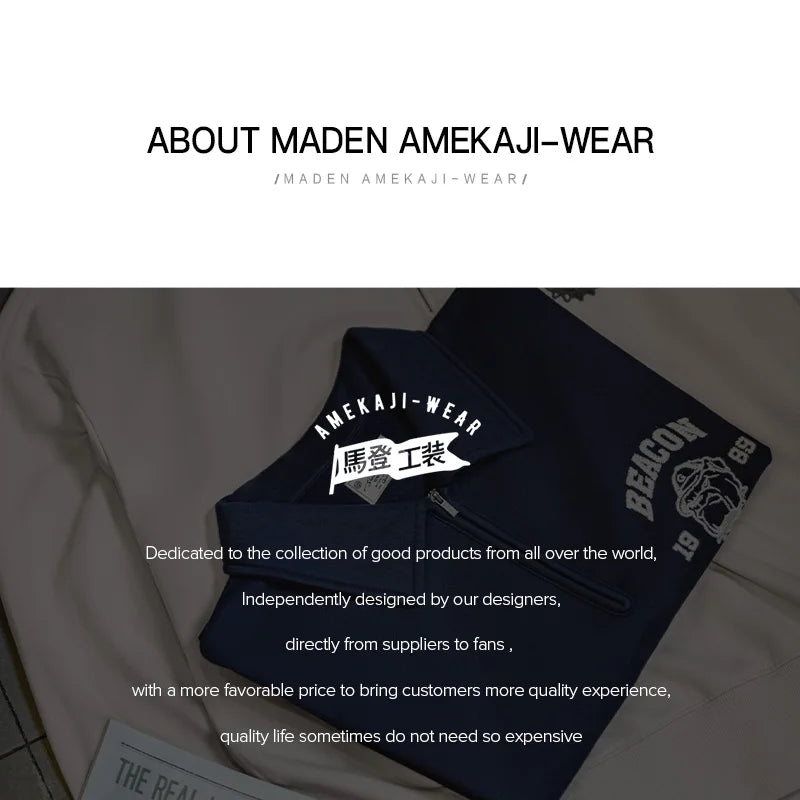Maden Vintage Men's Long Sleeve Embroidered Sweatshirt with Letters Half-open Front Casual Hoodie Turned-up Collar for Spring