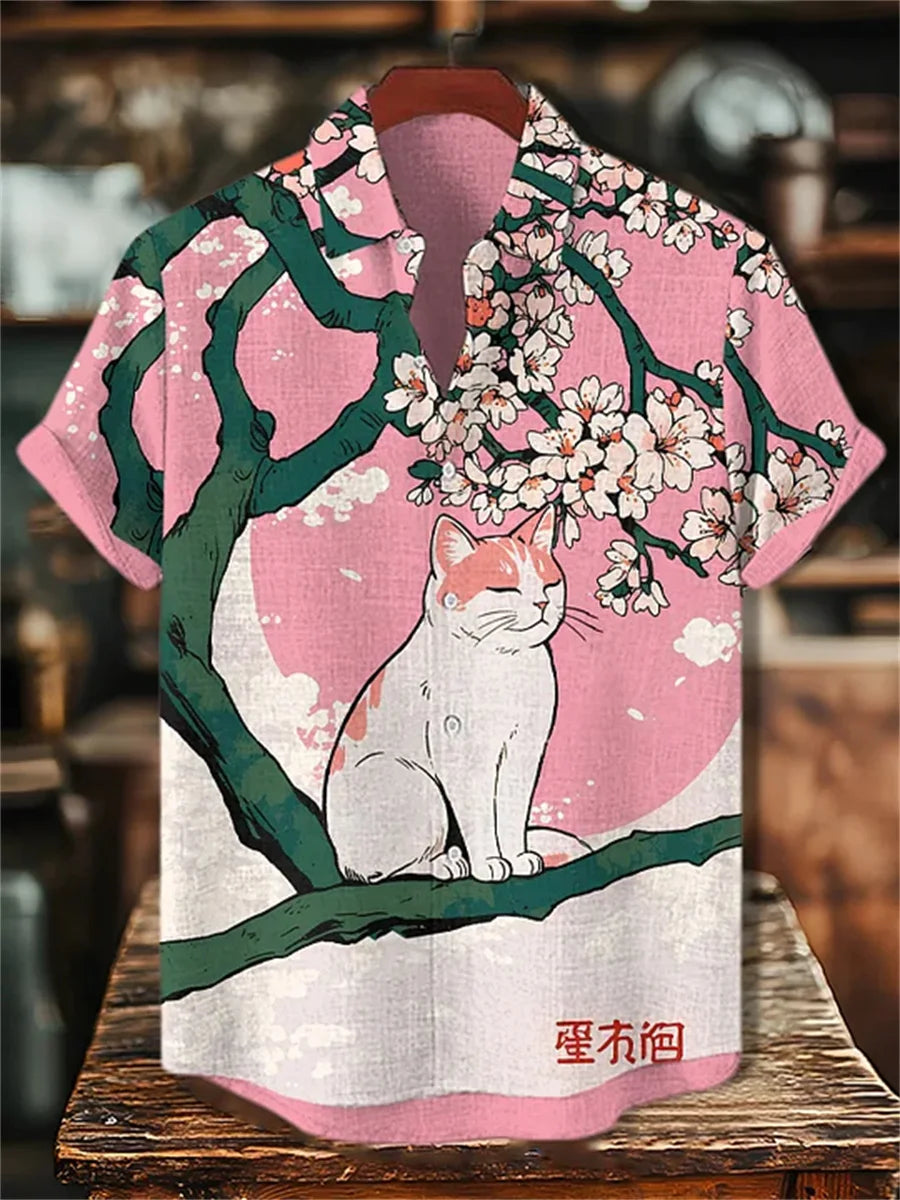 Men's blue and white color-blocked short-sleeved shirt with black cat print, collared casual outdoor vacation Hawaiian shirt.