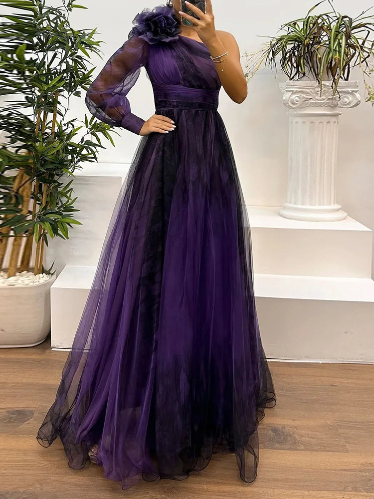 One Off Shoulder Fashion Simple Maxi Dress, Women Spring Autumn Skew Collar Chic Party Dress, Long Sleeve Patchwork Ladies Dress