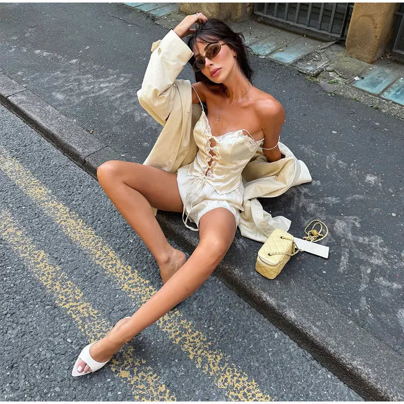 Women Elegant Lace Long Pant Set Square Neck Sheer Ruffle Hem Crop Cami Top High Waist Wide Leg Trousers 2026 Summer Chic Suit