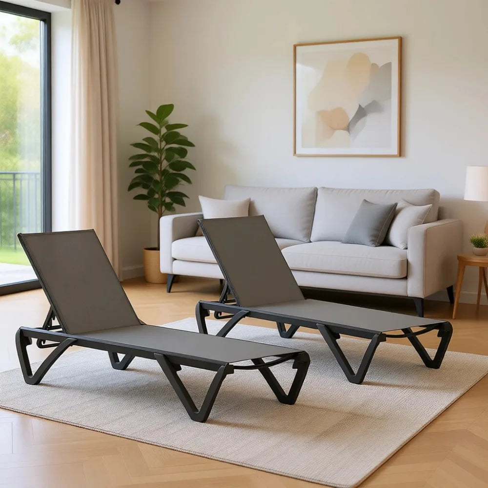 Aluminum Adjustable Outdoor Chaise Lounge Set of 2 with Wheels, Textilene Gray for Patio and Backyard