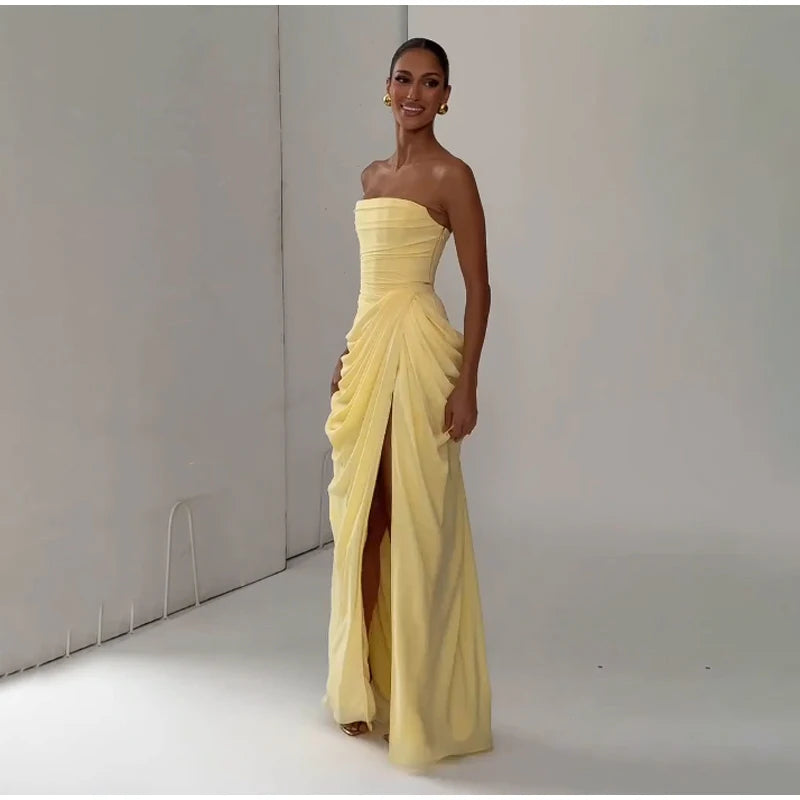 Sexy Women Solid Pleated Strapless Chic Dress Lady V-neck Off-shoulder Backless High Waist Split Vestido 2026 Evening Party Gown