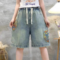 Retro Distressed Embroidered Denim Shorts Women's Loose Wide Leg Pants High Waist Blue Thin Summer New Style Fashionable