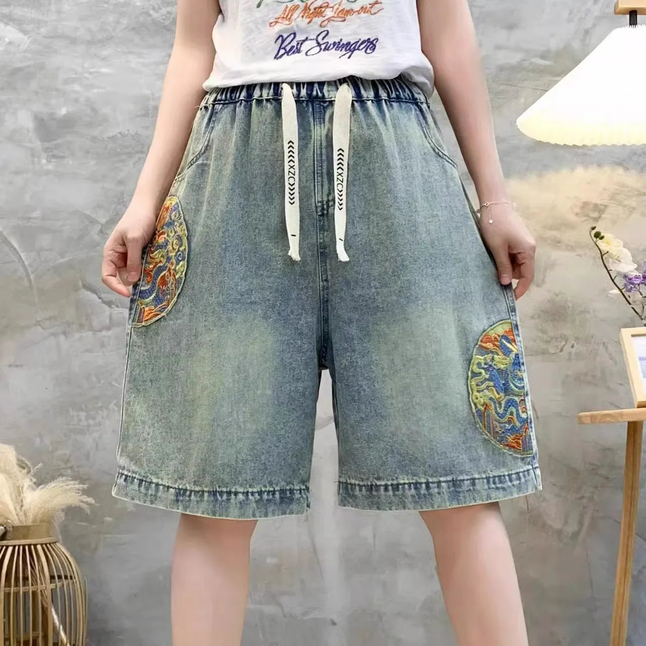 Retro Distressed Embroidered Denim Shorts Women's Loose Wide Leg Pants High Waist Blue Thin Summer New Style Fashionable