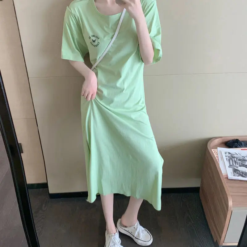 Summer Backless Split Hem Midi Dress Round Neck Short Sleeve Printing Ladies Dresses Korean Fashion Women Clothing