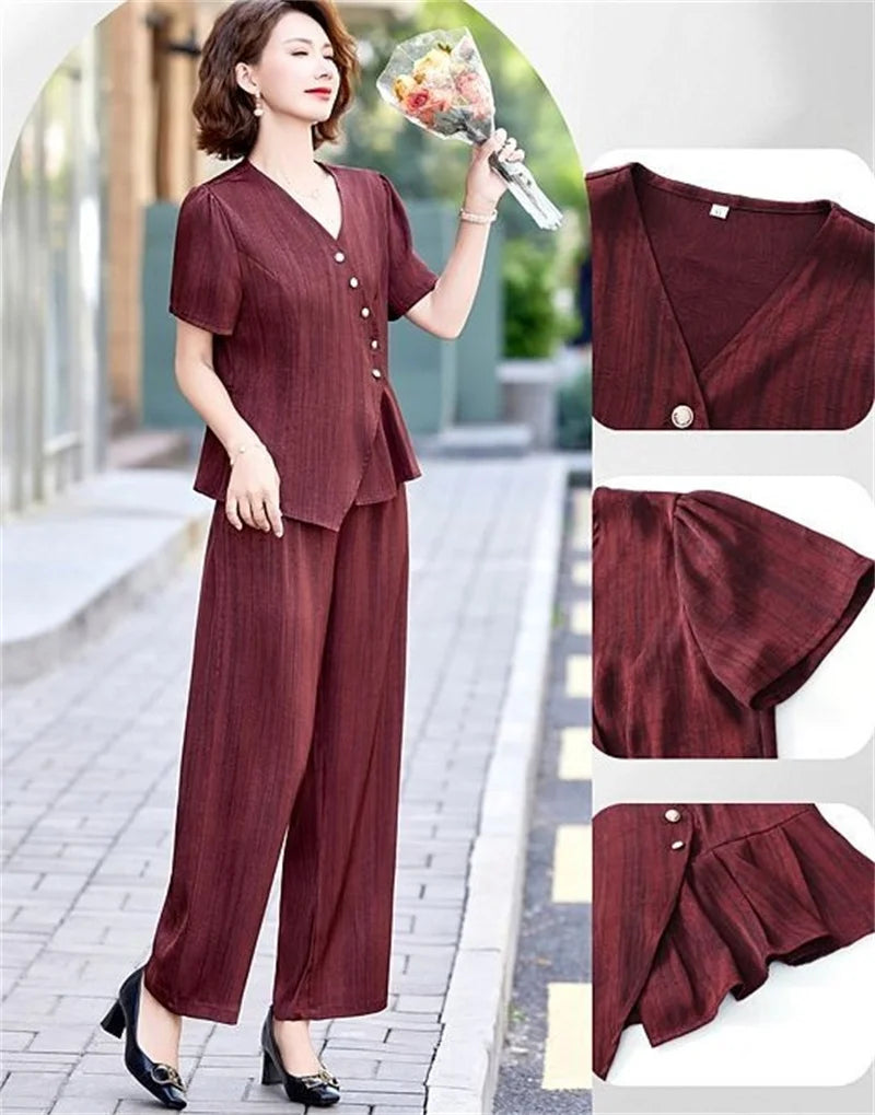 2025 Female Fashion Short Sleeve 2PCS French Women New Two-piece Set Summer Middle Aged Mother Solid Color Wide Leg Pants Outfit