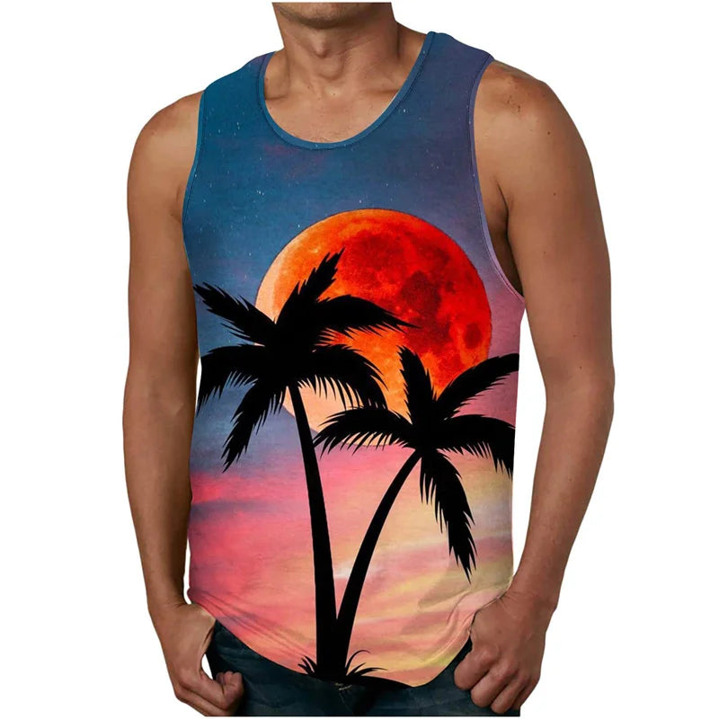 vintage Summer 3D New Coconut Trees Printed Tank Top Tropical Leaves Graphic Tank Tops Men Fashion Cool Streetwear Clothing Vest