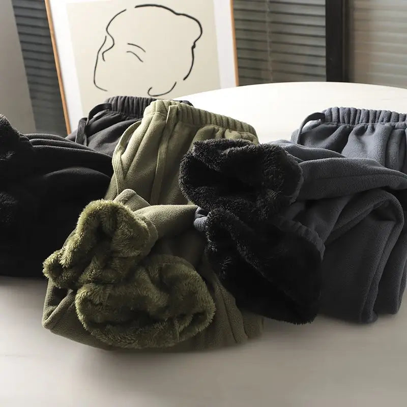 Fleece and Lambswool Men Sweatpants Winter Embroidery Thick Warm Double-sided Velvet Windproof Thermo Trousers Soft Harem Pants