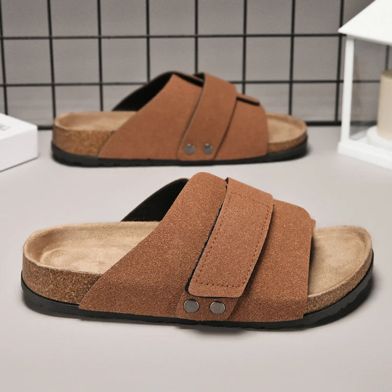 Men's Cork Slippers Suede Leather Clogs with Open Upper Comfort Footbed Adjustable Sandals Slides Indoor Home Shoes Women Couple