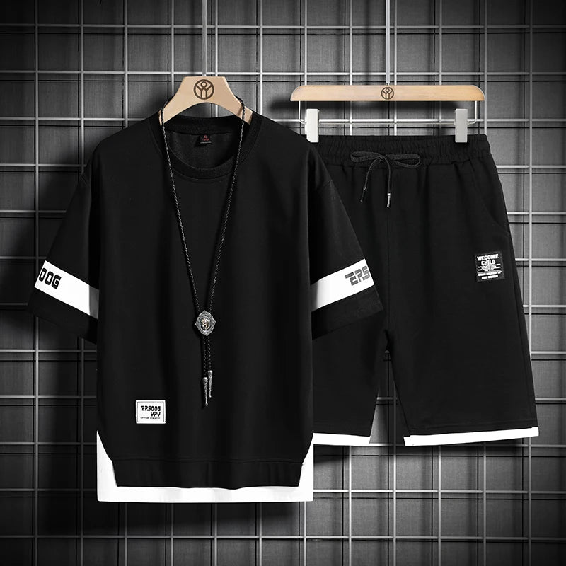 2024 Summer Black White Tracksuits For Men's Set Sleeves T-Shirt + Shorts Sportswear Brand Sporting Suit Oversize 5XL