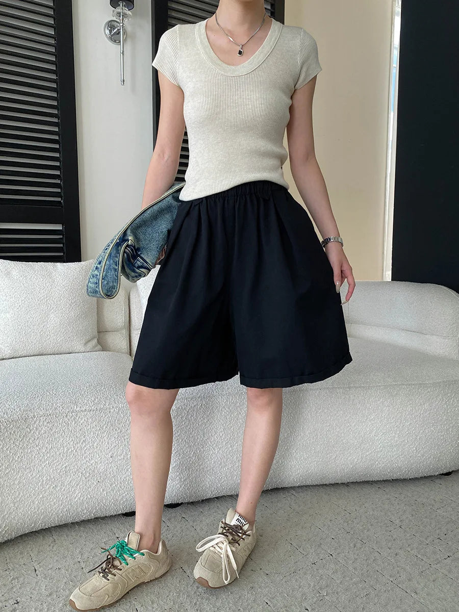 Summer women's relaxed loose wide leg A-line casual shorts versatile