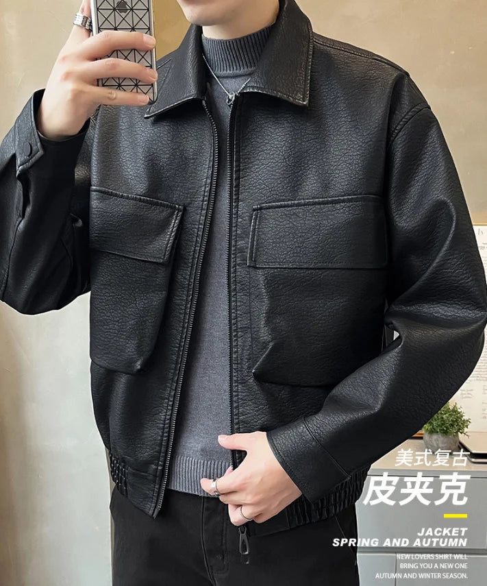 Men Trend Motorcycle Leather Jacket Bomber Pilot Retro Loose Pu Short Leather Jacket Autumn Winter New Lapel Big Pocket Coat