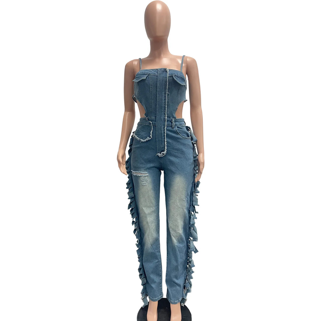 FAGADOER Fashion Hollow-out Bodycon Denim Jumpsuit Women Spaghetti Strap Tassel Patchwork Rompers Female Streetwear Overalls New