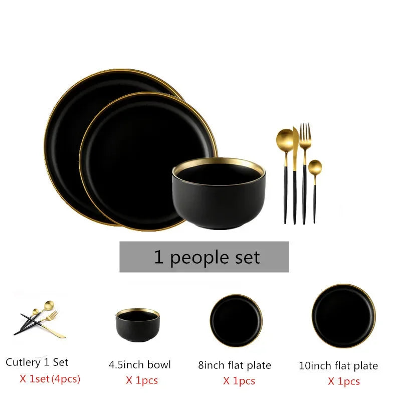 For1/ 4/6/8 Personal Black Porcelain Dinner Plates Set Ceramic Tableware Food Dishes Rice Salad Noodles Bowl Wiht Cutlery Set
