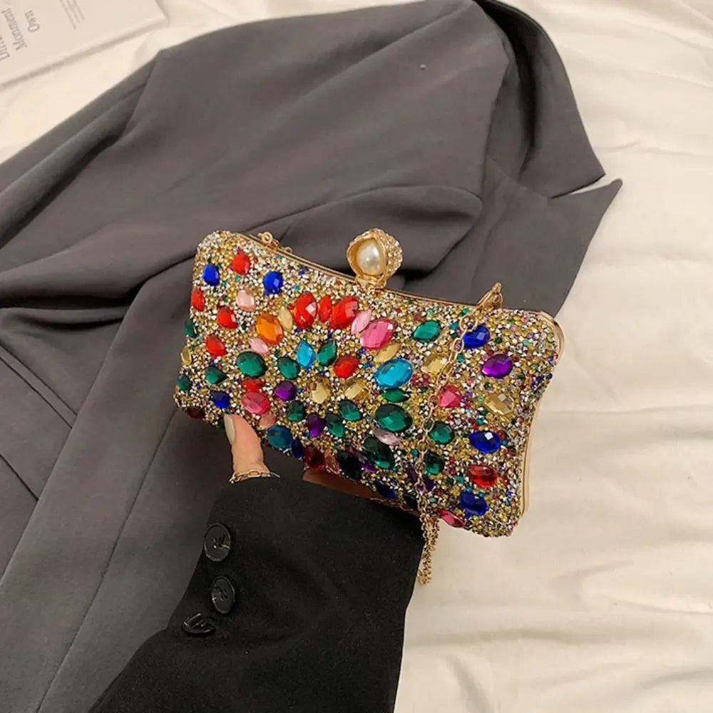 Portable Shiny Evening Banquet Bag Sequin Bling Crystal Colorful Rhinestone Shoulder Bag Handbag Purse Chain Crossbody Bag Women