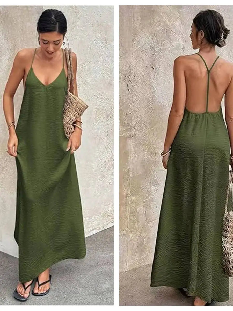 Elegant Simple Backless Sexy Hollow Sleeve Long Dress Women's Straight Tube Skirt Travel Sleeveless Strap Dress Casual High W...