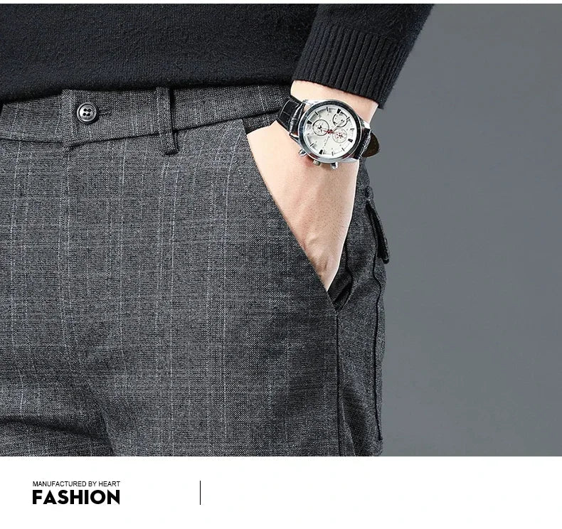 Business Men Pants Spring Autumn Korea Cotton Comfortable Elastic Plaid Casual Fashion Trousers Male Clothing Suit Pant